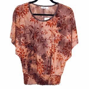 Gorgeous Brown Tie-Dye Velvet Overlay Scoop Neck S/S Dolman Blouse Size S NWT